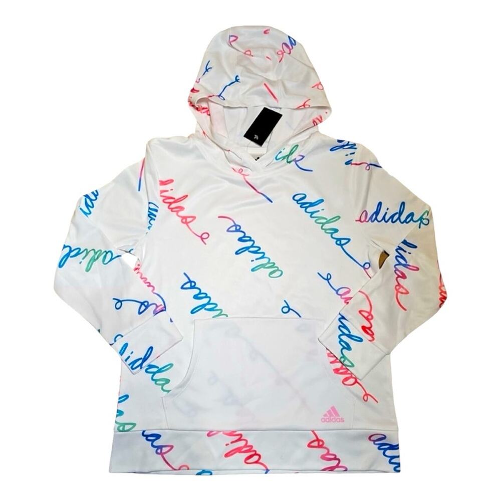 NWT Adidas Girls White Pullover Hoodie Colorful Script Logo Sweatshirt Size 5